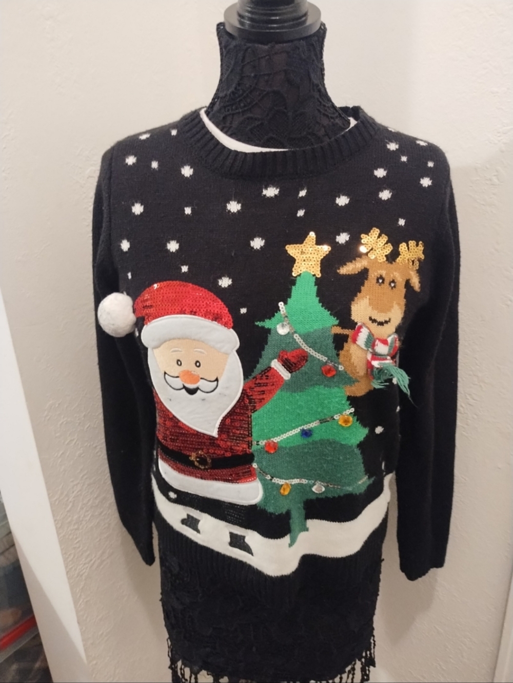 Karen Scott Black Sweater with Santa and Reindeer